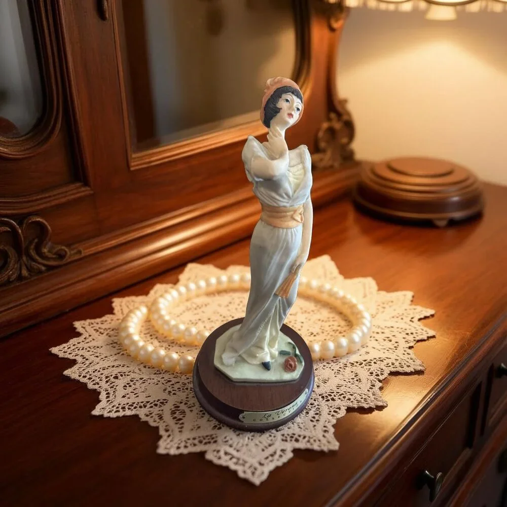 Vintage La Verona Collection Lady Figurine Art 9” Statue Blue Dress Wood Base